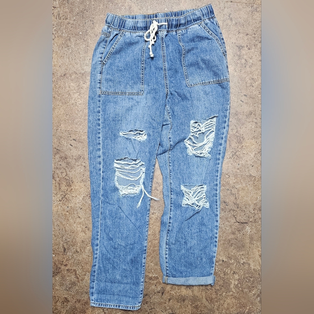 So distressed super high rise denim joggers junior's size 11 30W